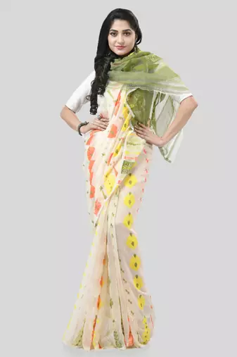 White Woven Cotton Floral Handloom Jamdani Sarees Without Blouse Piece