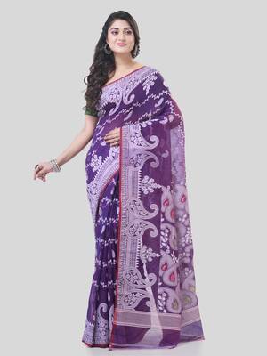 Purple Woven Cotton Paisley Handloom Jamdani Sarees Without Blouse Piece 5