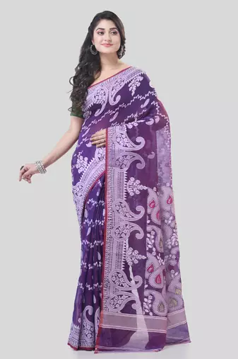 Purple Woven Cotton Paisley Handloom Jamdani Sarees Without Blouse Piece