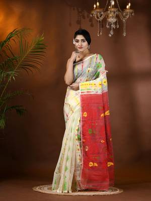 White Woven Cotton Floral Handloom Jamdani Sarees Without Blouse Piece 1