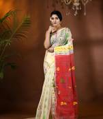 White Woven Cotton Floral Handloom Jamdani Sarees Without Blouse Piece