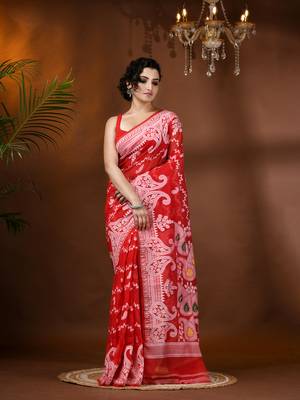 Red Woven Cotton Paisley Handloom Jamdani Sarees Without Blouse Piece 1