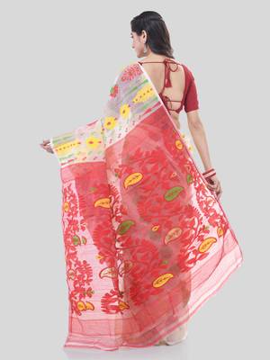 White Woven Cotton Floral Handloom Jamdani Sarees Without Blouse Piece 2
