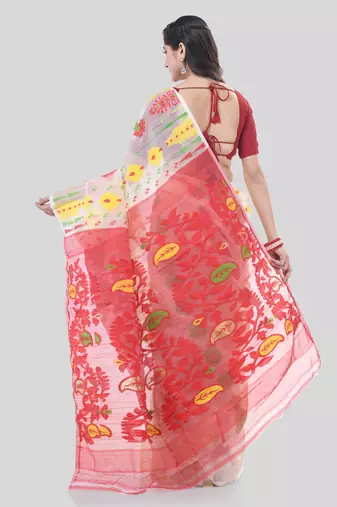 White Woven Cotton Floral Handloom Jamdani Sarees Without Blouse Piece