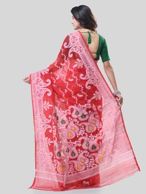 Red Woven Cotton Paisley Handloom Jamdani Sarees Without Blouse Piece 2