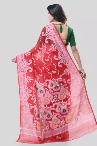 Red Woven Cotton Paisley Handloom Jamdani Sarees Without Blouse Piece