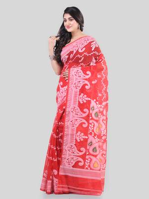 Red Woven Cotton Paisley Handloom Jamdani Sarees Without Blouse Piece 3