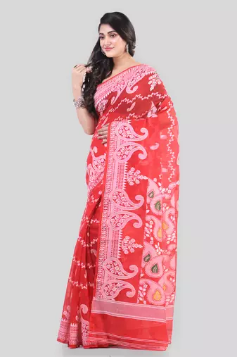 Red Woven Cotton Paisley Handloom Jamdani Sarees Without Blouse Piece