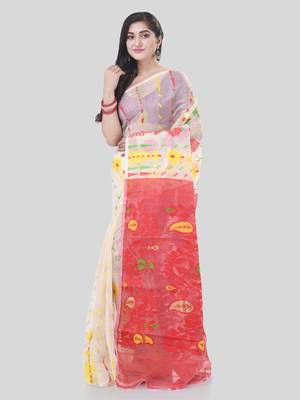 White Woven Cotton Floral Handloom Jamdani Sarees Without Blouse Piece 3