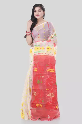 White Woven Cotton Floral Handloom Jamdani Sarees Without Blouse Piece