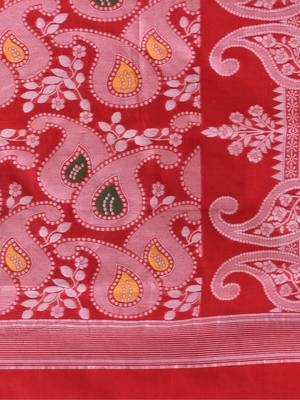 Red Woven Cotton Paisley Handloom Jamdani Sarees Without Blouse Piece 4