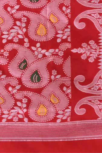 Red Woven Cotton Paisley Handloom Jamdani Sarees Without Blouse Piece