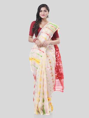White Woven Cotton Floral Handloom Jamdani Sarees Without Blouse Piece 5