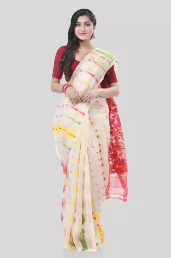 White Woven Cotton Floral Handloom Jamdani Sarees Without Blouse Piece