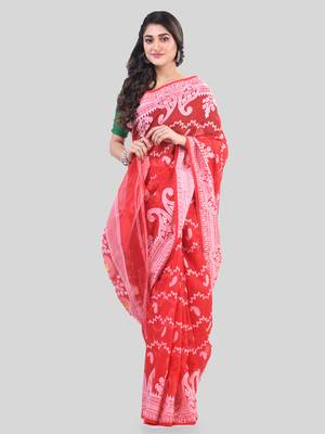 Red Woven Cotton Paisley Handloom Jamdani Sarees Without Blouse Piece 5