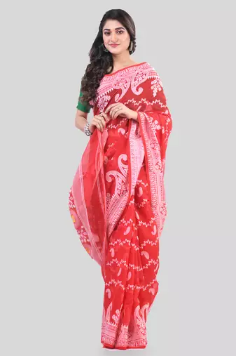 Red Woven Cotton Paisley Handloom Jamdani Sarees Without Blouse Piece