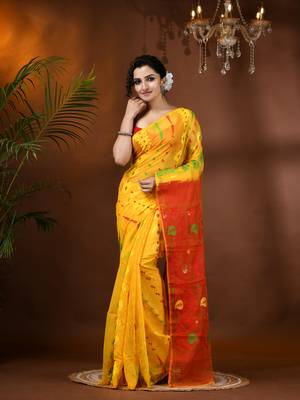 Yellow Woven Cotton Floral Handloom Jamdani Sarees Without Blouse Piece 1
