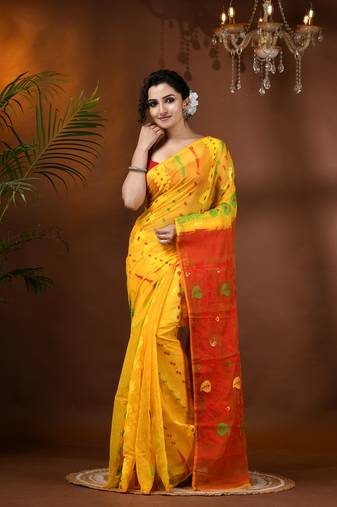 Yellow Woven Cotton Floral Handloom Jamdani Sarees Without Blouse Piece