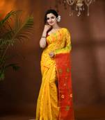 Yellow Woven Cotton Floral Handloom Jamdani Sarees Without Blouse Piece