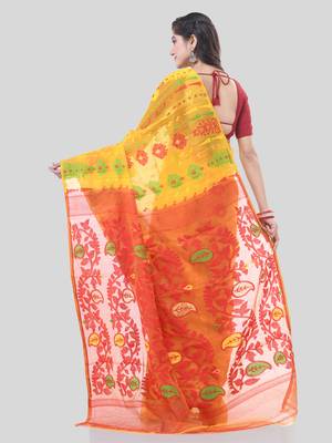 Yellow Woven Cotton Floral Handloom Jamdani Sarees Without Blouse Piece 2