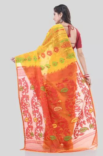 Yellow Woven Cotton Floral Handloom Jamdani Sarees Without Blouse Piece