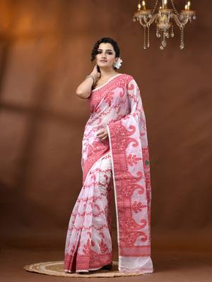 White Woven Cotton Paisley Handloom Jamdani Sarees Without Blouse Piece 1