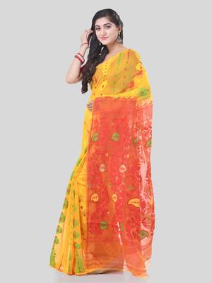 Yellow Woven Cotton Floral Handloom Jamdani Sarees Without Blouse Piece 3