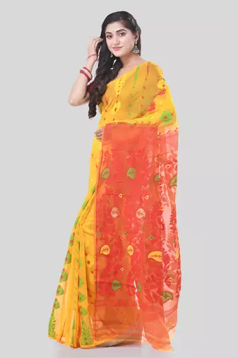 Yellow Woven Cotton Floral Handloom Jamdani Sarees Without Blouse Piece