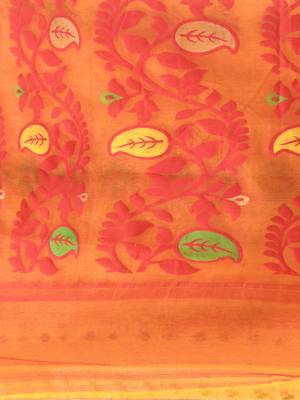 Yellow Woven Cotton Floral Handloom Jamdani Sarees Without Blouse Piece 4
