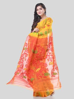 Yellow Woven Cotton Floral Handloom Jamdani Sarees Without Blouse Piece 5