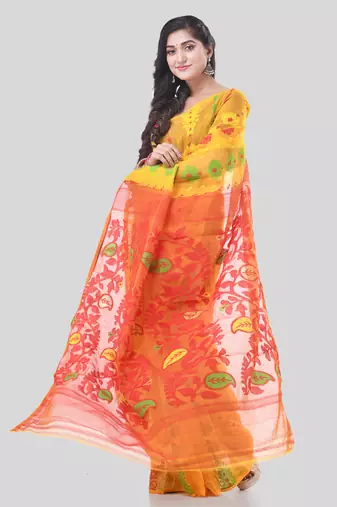 Yellow Woven Cotton Floral Handloom Jamdani Sarees Without Blouse Piece