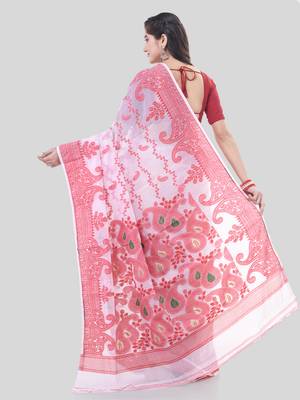 White Woven Cotton Paisley Handloom Jamdani Sarees Without Blouse Piece 2
