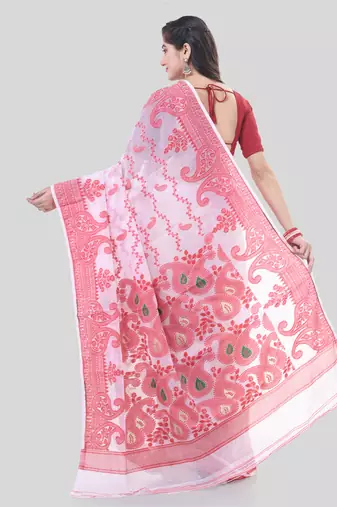 White Woven Cotton Paisley Handloom Jamdani Sarees Without Blouse Piece