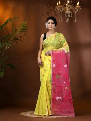 Yellow Woven Cotton Floral Handloom Jamdani Sarees Without Blouse Piece 1