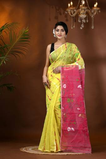 Yellow Woven Cotton Floral Handloom Jamdani Sarees Without Blouse Piece
