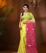 Yellow Woven Cotton Floral Handloom Jamdani Sarees Without Blouse Piece