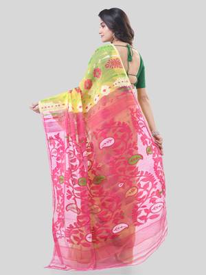 Yellow Woven Cotton Floral Handloom Jamdani Sarees Without Blouse Piece 2