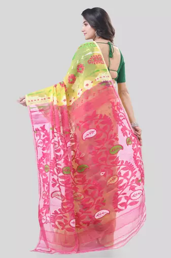Yellow Woven Cotton Floral Handloom Jamdani Sarees Without Blouse Piece