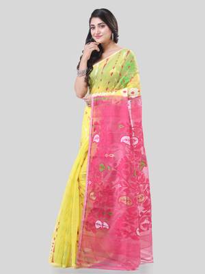 Yellow Woven Cotton Floral Handloom Jamdani Sarees Without Blouse Piece 3