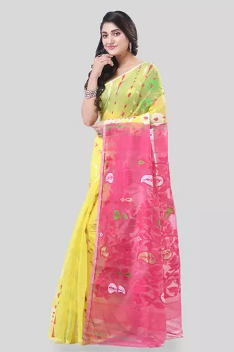 Yellow Woven Cotton Floral Handloom Jamdani Sarees Without Blouse Piece