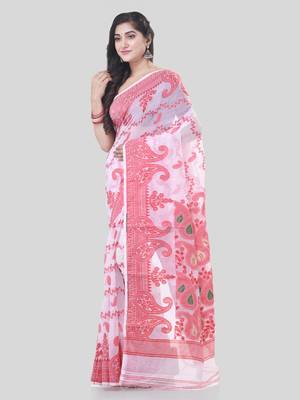 White Woven Cotton Paisley Handloom Jamdani Sarees Without Blouse Piece 3