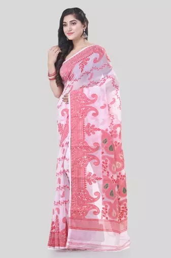 White Woven Cotton Paisley Handloom Jamdani Sarees Without Blouse Piece