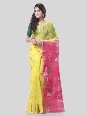 Yellow Woven Cotton Floral Handloom Jamdani Sarees Without Blouse Piece 5