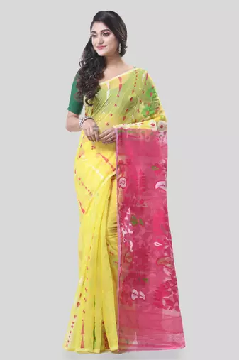 Yellow Woven Cotton Floral Handloom Jamdani Sarees Without Blouse Piece