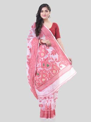 White Woven Cotton Paisley Handloom Jamdani Sarees Without Blouse Piece 5