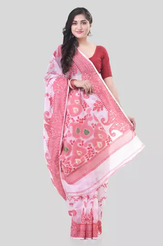 White Woven Cotton Paisley Handloom Jamdani Sarees Without Blouse Piece
