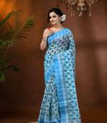 Blue Woven Cotton Floral Handloom Printed Sarees Without Blouse Piece