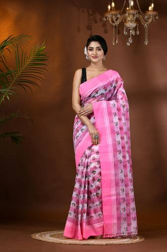 Pink Woven Cotton Floral Handloom Printed Sarees Without Blouse Piece