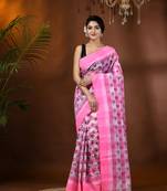 Pink Woven Cotton Floral Handloom Printed Sarees Without Blouse Piece