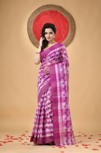 Purple Woven Cotton Floral Handloom Printed Sarees Without Blouse Piece